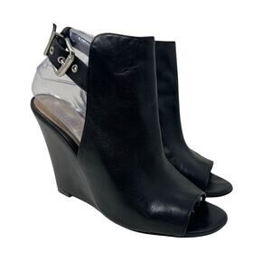 Schutz Black Leather Peep Toe Wedge Booties 8.5